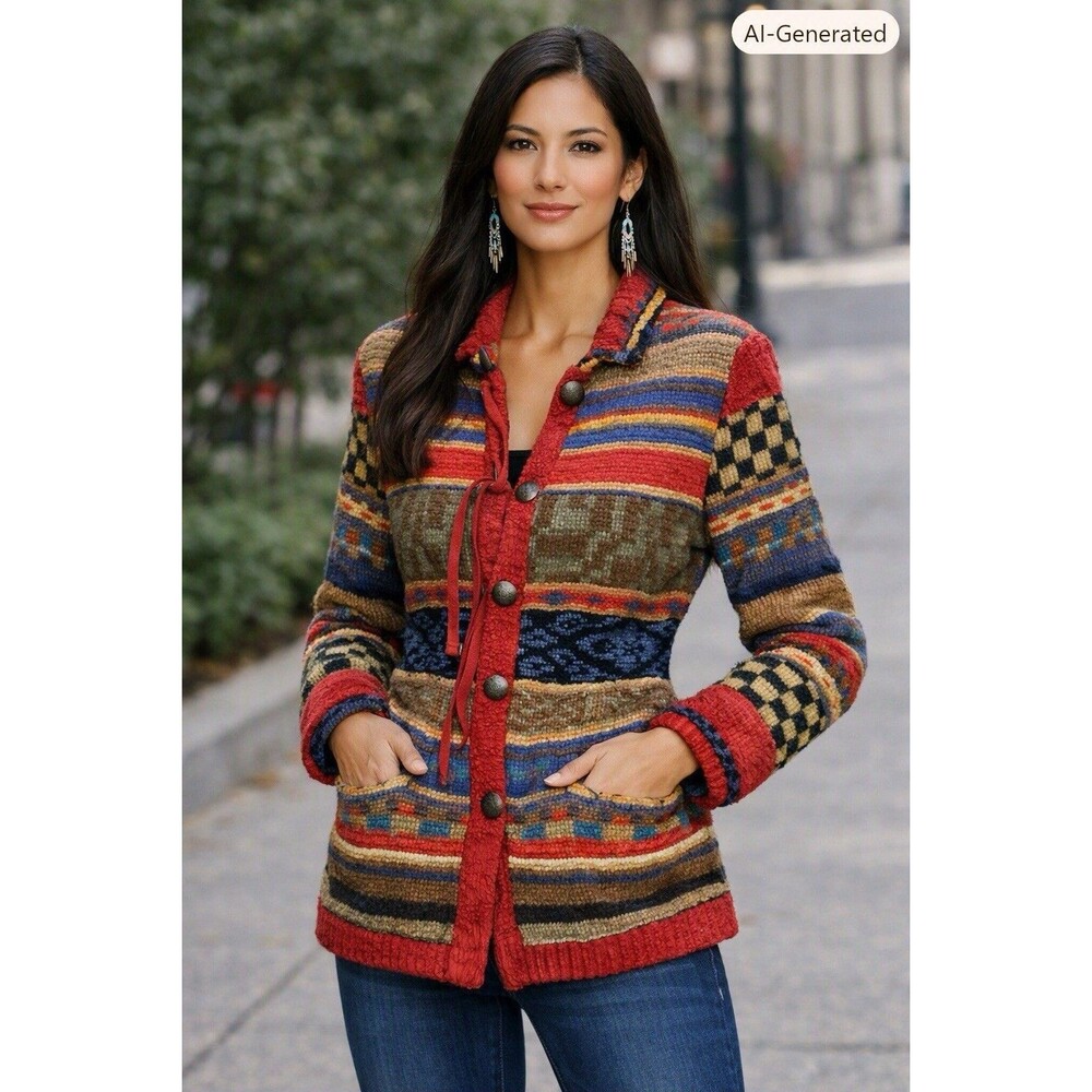 Hand‑Woven Santa Fe Art Jacket Multicolor Textured Southwestern Boho Coat M* (se